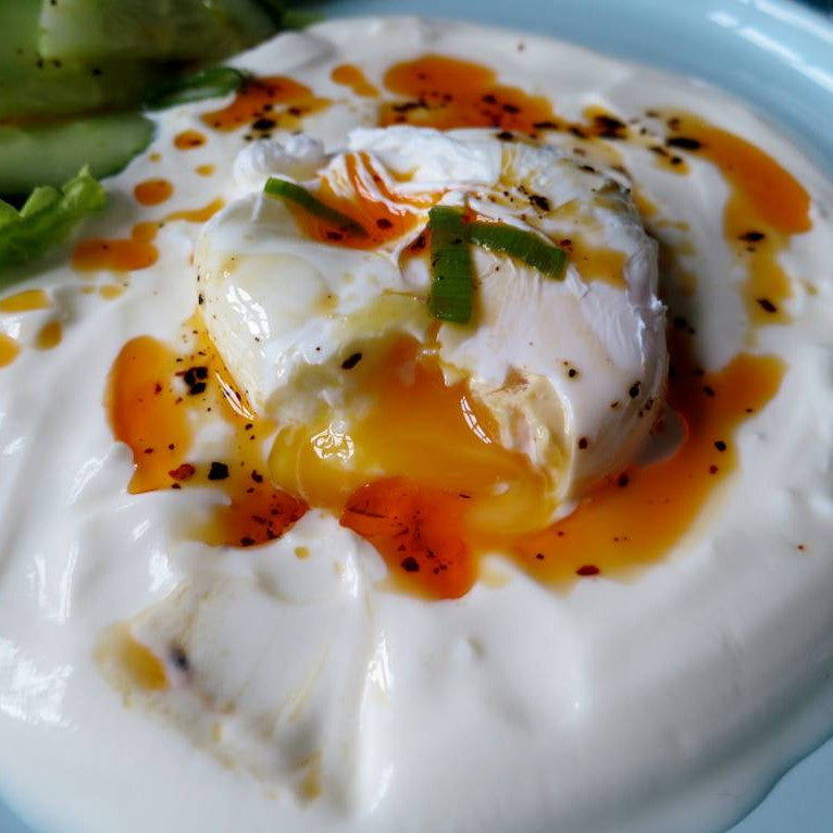 Poached Eggs with Garlic Yoghurt, Turkish Style - Cilbir