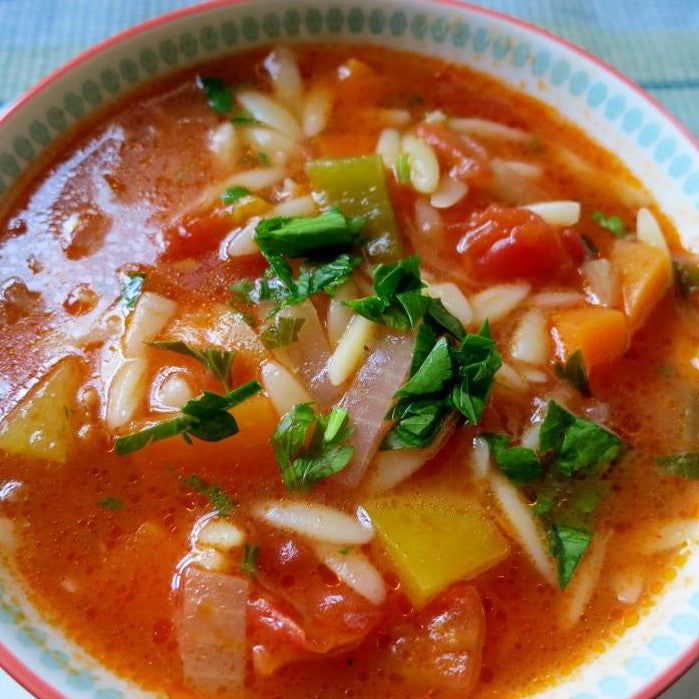 Turkish Vegetable Soup with Orzo; Sehriyeli Sebze Corbasi