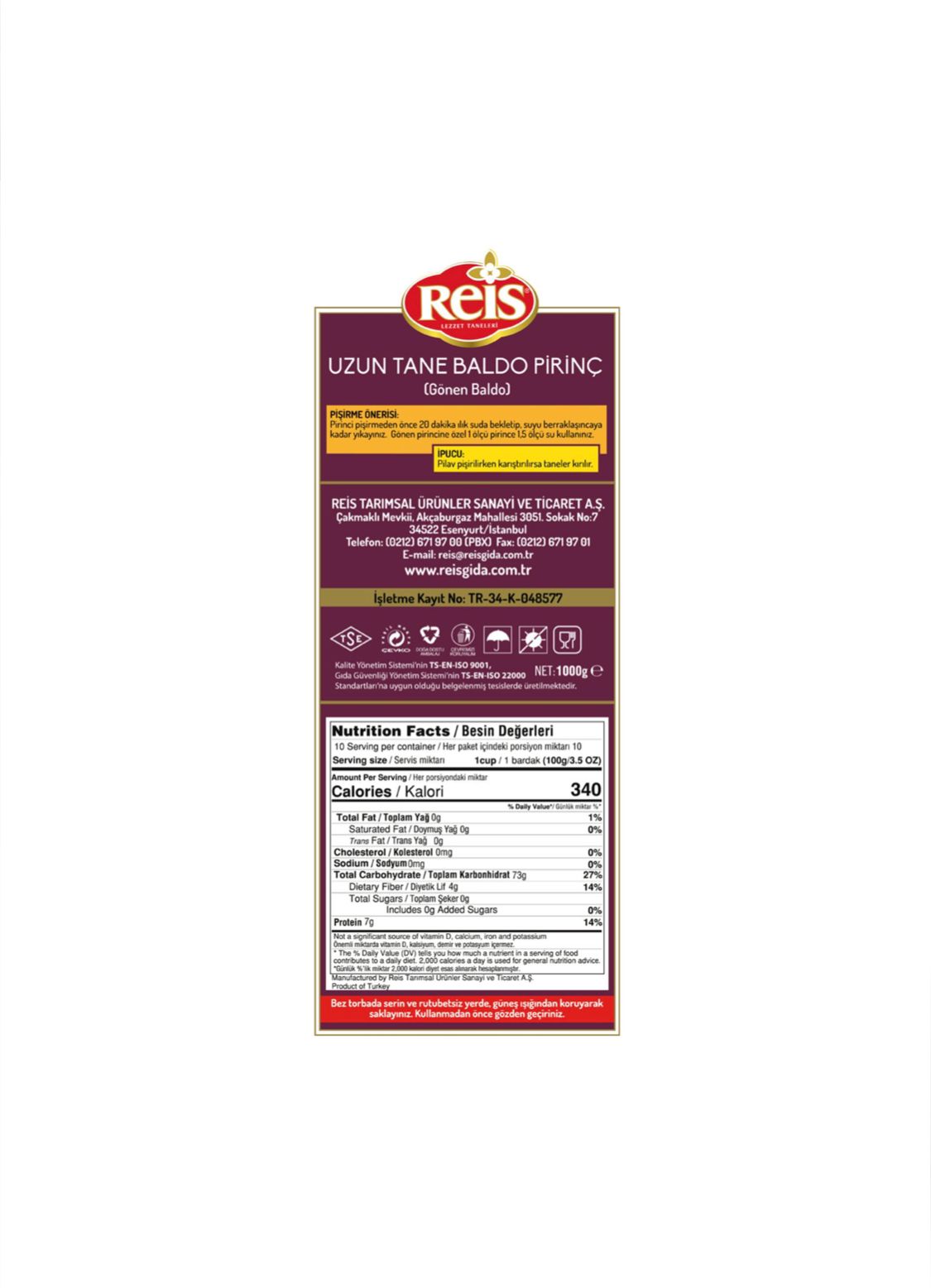 Reis Uzun Tane Baldo Pirinç - Yerli 1kg