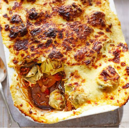 Artichoke, aubergine & lamb moussaka