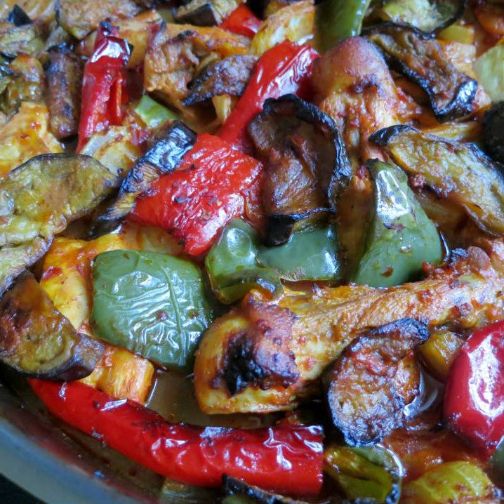Eggplant kebab with yoghurt marinated chicken; Patlicanli Kebap